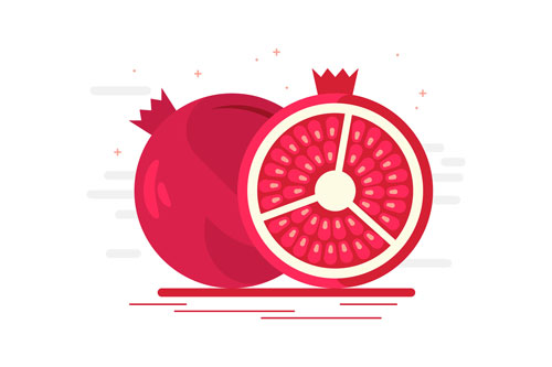 وکتور رایگان لایه باز انار قرمز همراه با انار نصف شده و دانه های انار مخصوص شب یلدا